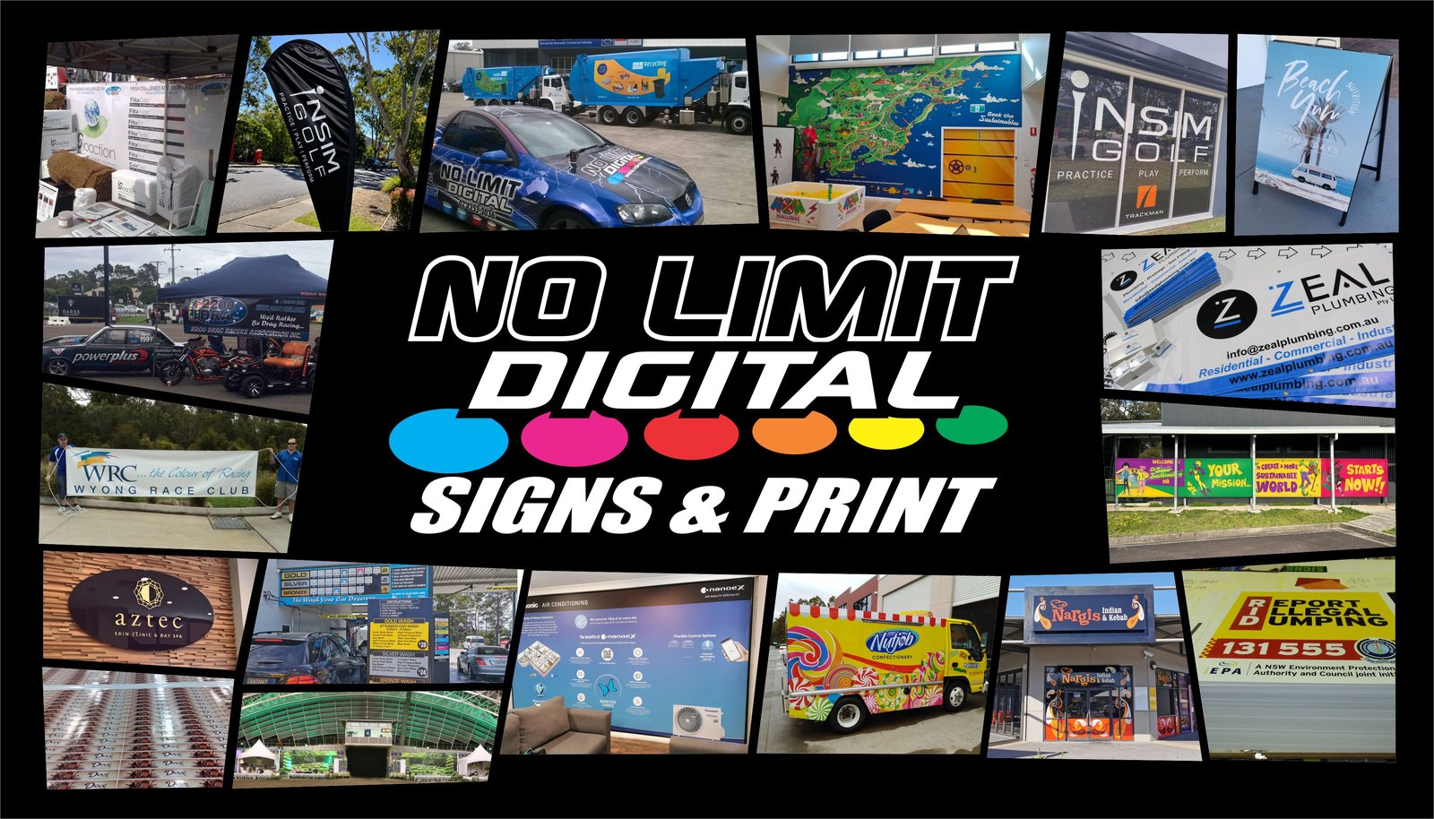 A collage of No Limit Digital's work — vehicle wraps, banners, wall graphics and shopfront signage around the No Limit Digital Signs & Print logo