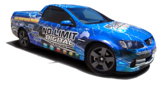 The No Limit Digital branded Holden ute — a full vehicle wrap in electric blue with lightning graphics